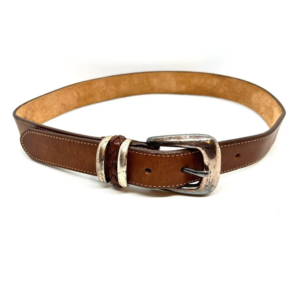 VINTAGE BRIGHTON Belt Brown Leather Silver Tone Buckle Braided Keeper SMALL
